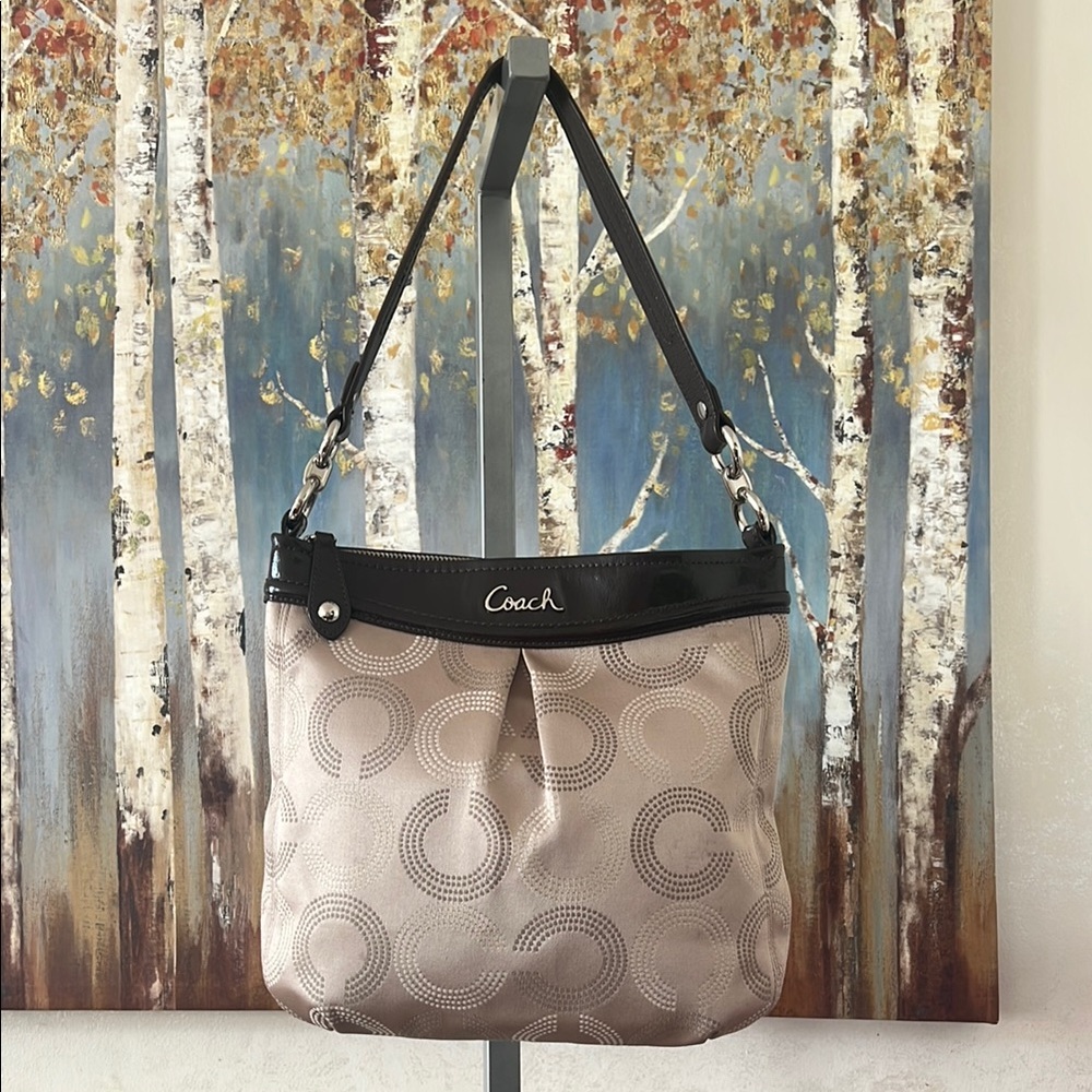 Coach Cream and Brown Ashley Dotted Op Art Hippie Bag F20088